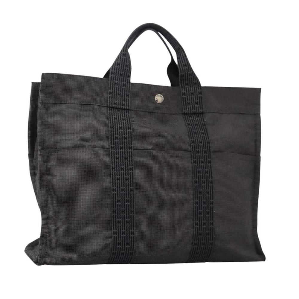 HERMES Her Line MM Hand Bag Canvas Gray Silver Auth ti2761